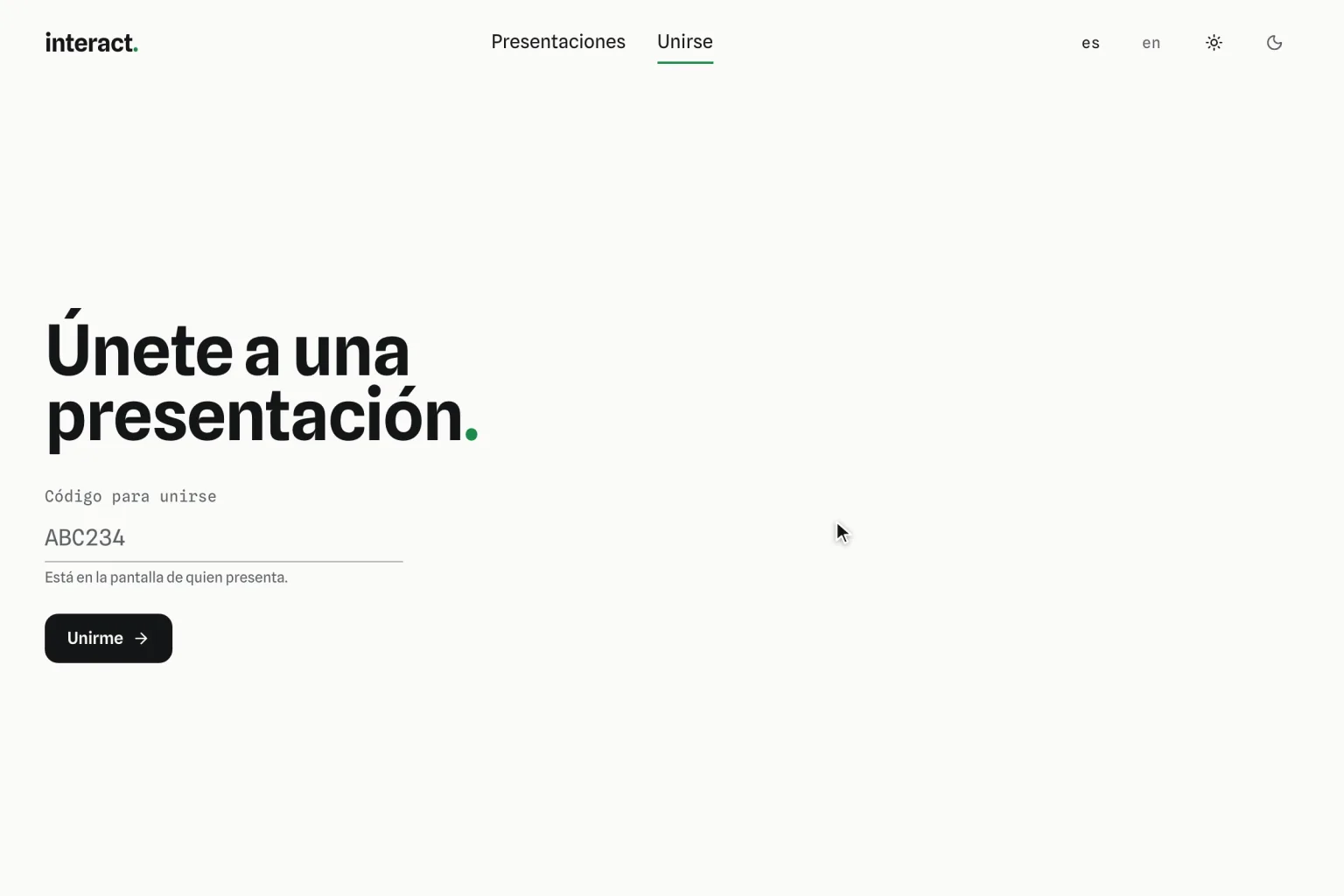 Pantalla para unirse a una presentación, con un campo para el código y el botón Unirme.