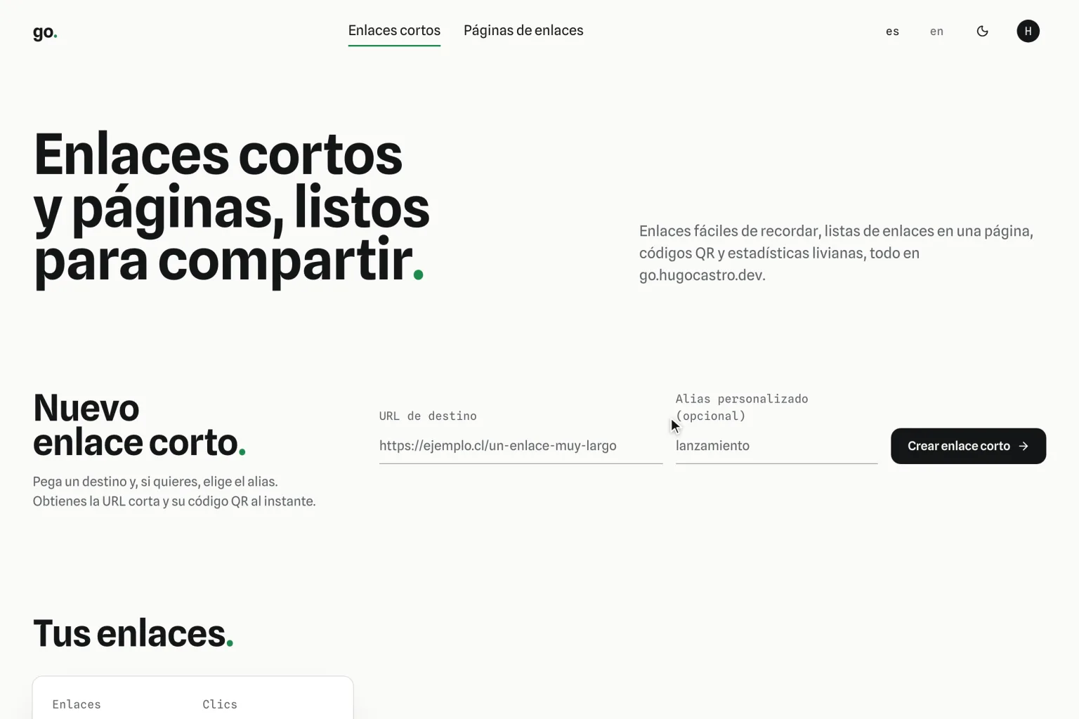 Panel de go. con un formulario para crear un link corto y una tabla de links con sus clics.