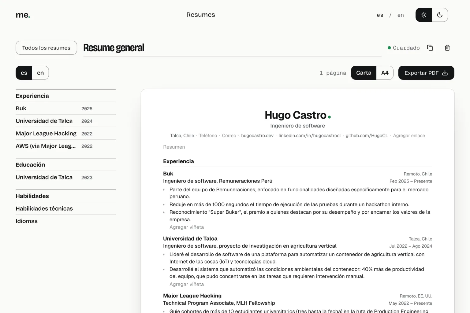 Editor de currículum con el índice de secciones a la izquierda y la hoja editable a la derecha, bajo los controles de idioma del documento, tamaño de página y Exportar PDF.