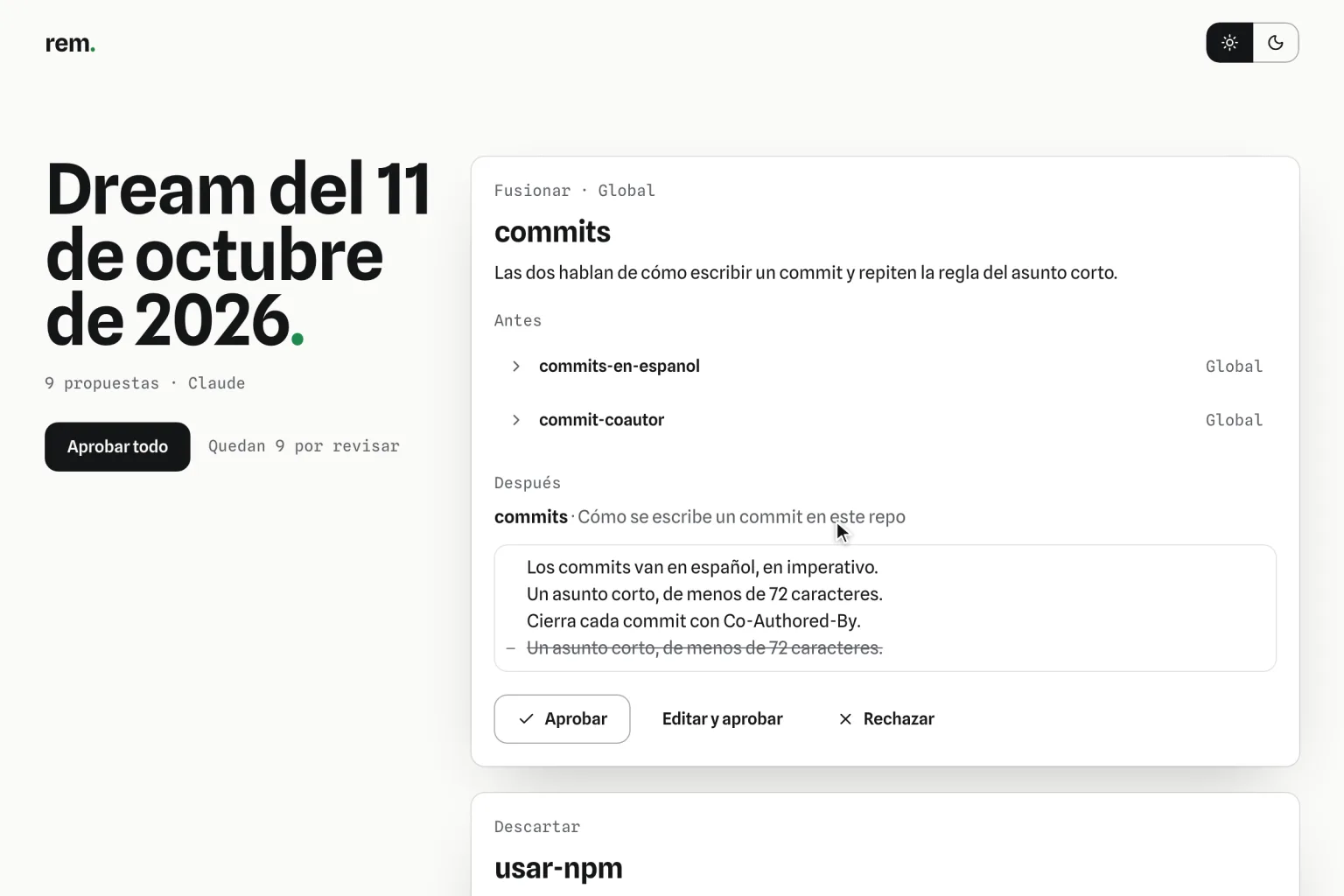 rem. dream review (the interface is in Spanish): a proposal named “commits” that merges two memories, with the before and after and the buttons “Aprobar”, “Editar y aprobar” and “Rechazar”.