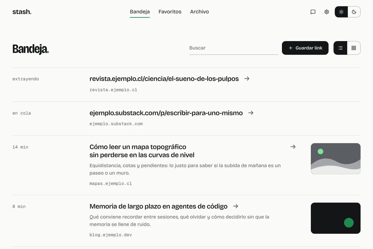 Bandeja de stash. con la lista de links guardados, el buscador y el botón «Guardar link»; al abrir un artículo se ven su resumen con IA y el texto limpio.